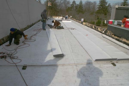 2 inch ISO with paper cricket at the drains, fully adhered to roof, New Roof, Glassboro, NJ